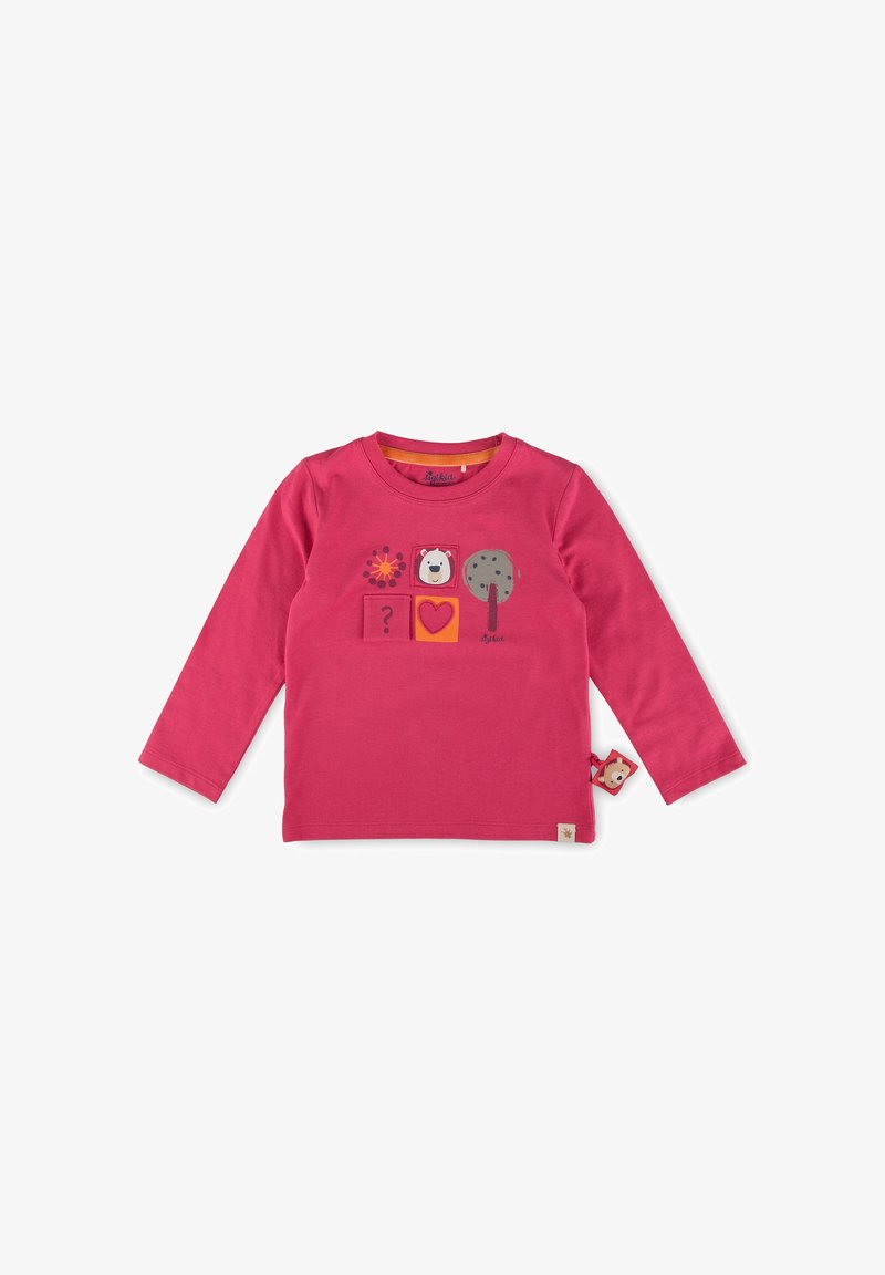 Langärmeliges Shirt aus leuchtend pinkem Baumwollstoff, mit Grafiken von Bären und Bäumen, einem Blumendesign und einem Etikett mit einem Bären.