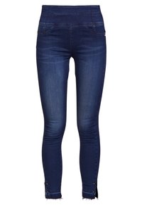 Granatowe, cienkie dżinsy z wysokim stanem, kieszeniami na przodzie oraz dekoracyjnymi guzikami przy dolnej krawędzi nogawek.