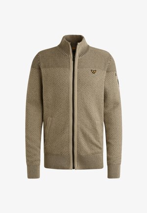 Beige zip-up sweater with a textured knit design, ribbed cuffs and hem, and two side pockets. Features a small logo on the chest.