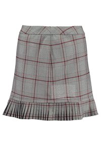 Jupe grise à carreaux en tissu avec un ourlet froncé plissé, présentant un motif à carreaux avec des accents rouges et noirs.