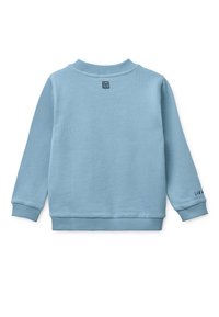 Ανοιχτό μπλε φούτερ από απαλό ύφασμα, με ριμπ ύφασμα στο λαιμό και τις μανσέτες, και μικρή λεπτομέρεια με λογότυπο στο μανίκι.