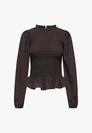 Haut à manches longues smocké en tissu marron foncé avec un col et un ourlet froncés. Surface texturée avec un buste ajusté et un peplum évasé.