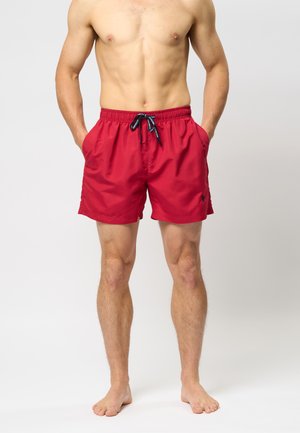 Rote Schwimmshorts aus leichtem Material, mit einem elastischen Bund und Kordelzug, Seitentaschen und einem Standard-Fit.