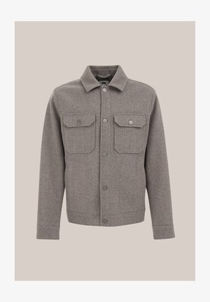Graue Wolljacke mit Kragen, durchgehendem Knopfverschluss, zwei Brusttaschen und strukturiertem Stofffinish.