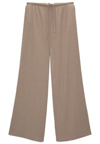 Pantalon à jambes larges de couleur taupe clair, en tissu côtelé, doté d'une ceinture élastique avec un cordon de serrage pour un confort ajustable.