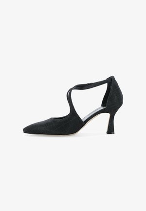 Scarpa da donna nera testurizzata con tacco alto, punta appuntita e cinturini incrociati alla caviglia, mostrata di profilo su sfondo bianco.