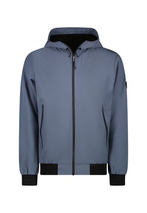 Lichtgewicht grijze jas met capuchon, voorrits, twee zijzakken, elastische manchetten en een zwarte accent aan de zoom en manchetten.