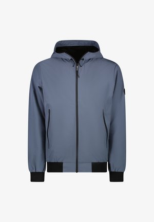 Lichtgewicht grijze jas met capuchon, voorrits, twee zijzakken, elastische manchetten en een zwarte accent aan de zoom en manchetten.