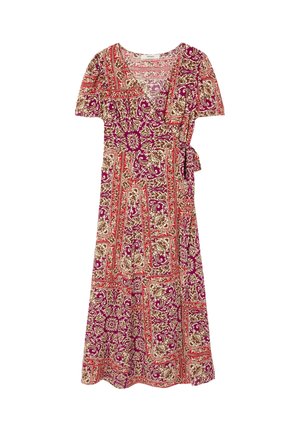 Robe midi portefeuille à manches courtes, avec un motif floral et géométrique aux tons violets, rouges, beiges et bruns.