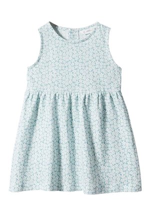 Kleid für Kleinkinder aus hellblauem Stoff mit Blumenmuster, ärmelloses Design, runder Ausschnitt und geraffter Rock. Mit Knopfverschluss auf der Rückseite.