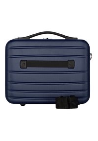 Valigia rigida blu navy con superficie texturizzata, scanalature orizzontali, manico nero e tracolla staccabile. Presenta una forma rettangolare compatta.