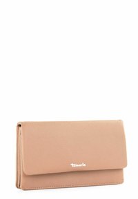 Tan leather wallet with a textured finish, featuring a flap closure and a small white logo on the front, rectangular shape.