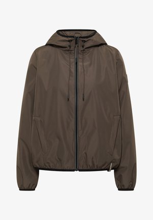 Brun hættetrøje med lynlås foran, snøre i hætten, sidelommer samt elastiske manchetter og kant.