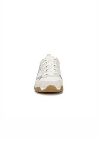 White sneaker with gray accents, suede and mesh materials, lace-up design, round toe, rubber outsole with textured tread.