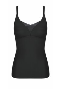 Zwarte bralette met een naadloos ontwerp, zachte stof, v-hals en verstelbare banden met een gestructureerde mesh overlay op de borst.