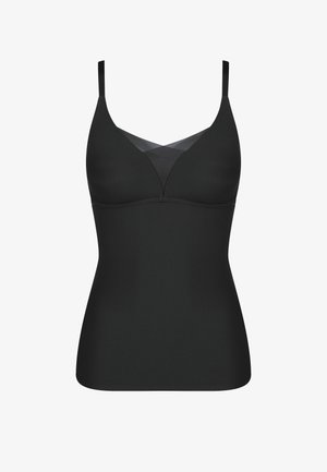 Der schwarze Bralette hat ein nahtloses Design, weichen Stoff, einen V-Ausschnitt und verstellbare Träger mit einer strukturierten Netzüberlagerung an der Brust.
