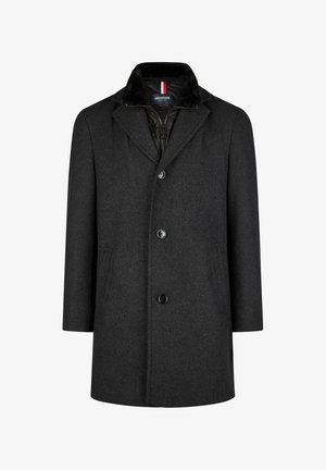 Manteau en mélange de laine gris avec un col en fourrure, fermeture à boutons sur le devant et poches latérales, présentant une texture lisse et une coupe ajustée.