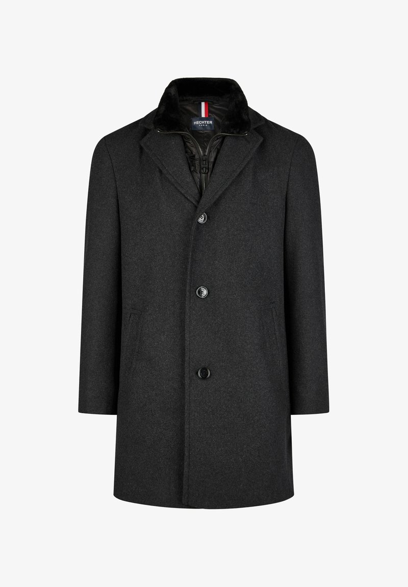 Pelēks vilnas sajaukuma mētelis ar zamša apkakli, ar priekšējo pogu aizdares un sānu kabatām, ar gludu tekstūru un pieguļošu formu.