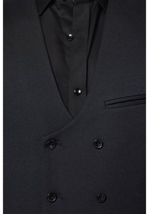 Czarna, fakturowana kamizelka z dekoltem w szpic, podwójnym zapięciem, sześcioma guzikami i elegancką kieszenią na piersi. Gładki materiał z subtelnymi detalami.