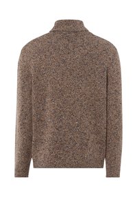 Brauner gestrickter Pullover mit hohem Kragen, der ein strukturiertes Muster und lange Ärmel aufweist. Der Stoff besteht aus einer Mischung aus dunklen und hellen Fasern.