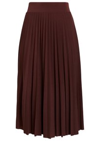 Burgundy veckad kjol med platt midjeband, tillverkad av mjukt tyg. Kjolen når till mitt på vaden och har en texturerad yta.