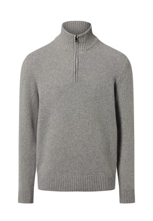 Grauer Strickpullover mit hohem Kragen und Viertel-Reißverschluss. Mit gerippten Bündchen und Saum. Weiche Textur, schlichtes Design.