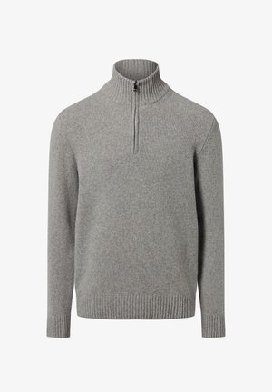 Pull en tricot gris avec un col montant et une fermeture à quart de zip. Doté de poignets et d'un ourlet côtelés. Texture douce, design simple.