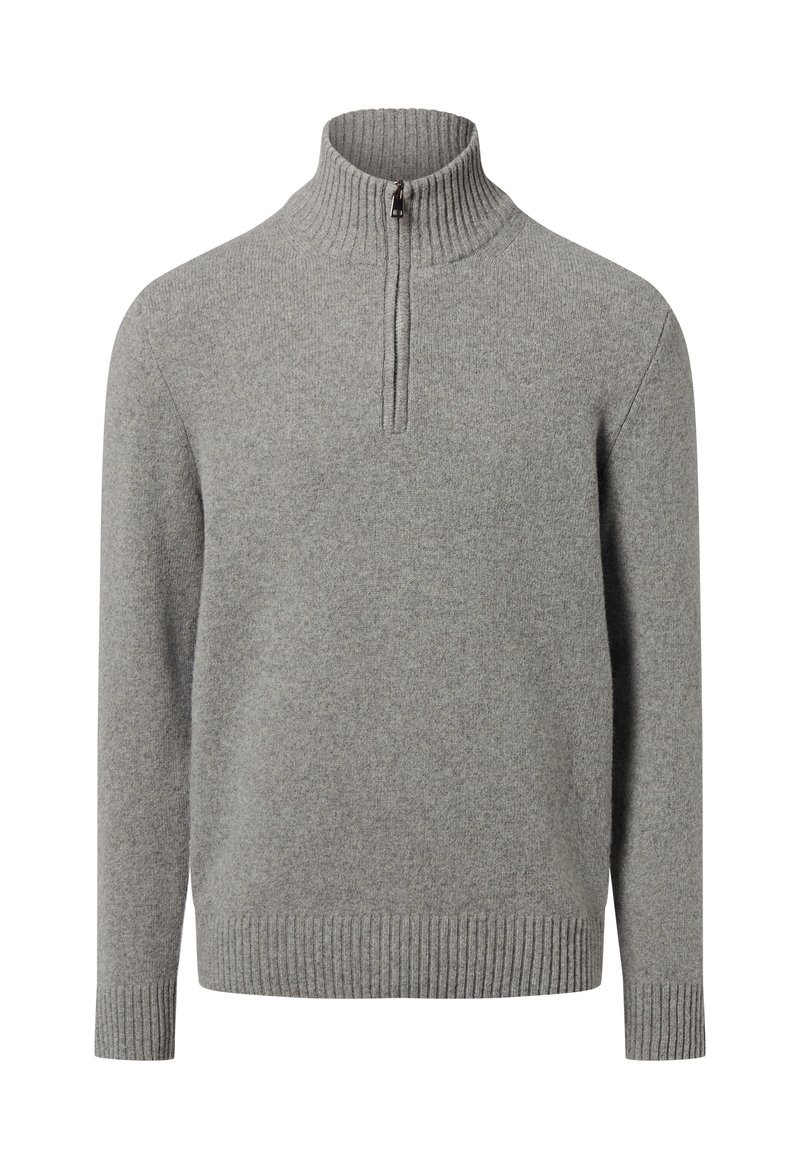 Grauer Strickpullover mit hohem Kragen und Viertel-Reißverschluss. Mit gerippten Bündchen und Saum. Weiche Textur, schlichtes Design.