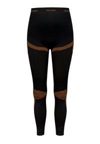 Schwarze Leggings mit einem breiten Bund, auf dem "POLAR HUSKY" steht, orangenen Akzenten und einer strukturierten Gestaltung an den Seiten und Knien.