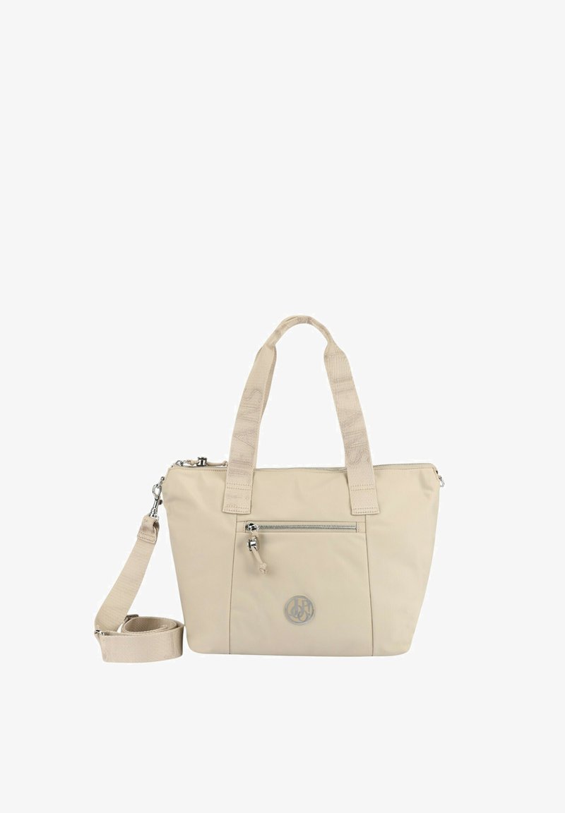 Sac cabas beige avec fermeture éclair, poche zippée à l'avant, longue bandoulière réglable et deux poignées courtes pour le porté.