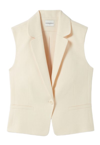 Blazer sans manches couleur crème avec un col à revers, fermeture à un bouton et deux poches avant. Fabriqué à partir d'un tissu texturé.