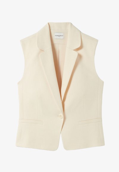 Blazer sans manches couleur crème avec un col à revers, fermeture à un bouton et deux poches avant. Fabriqué à partir d'un tissu texturé.