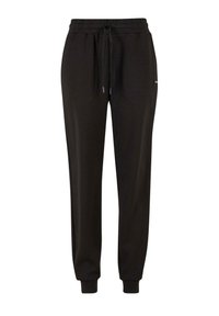 Sorte sweatpants lavet af blødt stof, med en elastisk talje med snøre og tapered manchetter. Simpel, ren design uden mønstre.