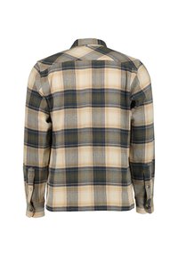 Karierte Flanellhemden in Beige-, Blau- und Grüntönen; mit langen Ärmeln, Knopfmanschetten und einem klassischen Kragen.