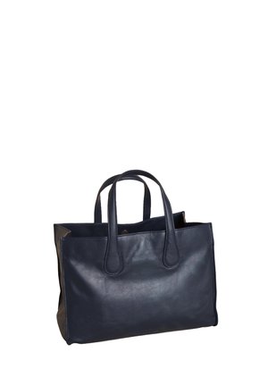 Black leather tote bag with two handles, rectangular shape, and open top against a white background.