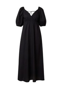 Schwarzes Maxikleid mit Puffärmeln, tiefem V-Ausschnitt und gerafftem Taillenbereich. Der Rücken hat einen Schlüssel-Ausschnitt und eine Bindeschleife. Glatte Stofftextur.