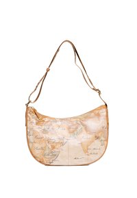 Borsa a spalla con forma curva, realizzata in ecopelle, caratterizzata da un motivo mappa del mondo in tonalità calde, dotata di zip e tracolla regolabile.