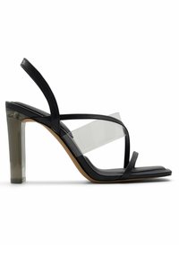 Sandale à talon haut noire avec une bride transparente sur le dessus du pied, une fine bride noire sur les orteils, une bride arrière et un talon bloc transparent.