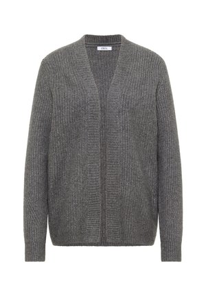 Grå cardigan lavet af ribstrikket materiale med V-udskæring, åben front og lange ærmer. Uden lukninger, har en afslappet pasform.
