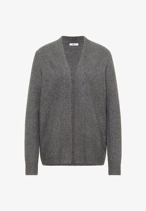 Szary kardigan o prążkowanej fakturze z dekoltem w serek, otwartym przodem i długimi rękawami. Bez zapięć, cechuje się luźnym krojem.
