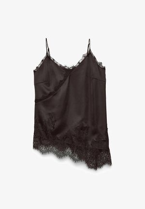 Juoda atlasinė palaidinėlė su plonomis reguliuojamomis petnešėlėmis, puošta sudėtingais juodos spalvos nėriniais palei iškirptę ir apačią, suteikianti papildomą tekstūrą ir detalumą.