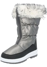 Botas de invierno aisladas en color gris con ribete de pelo sintético, cierre de cremallera, sección inferior negra y suela de goma blanca. La parte superior texturizada añade interés visual.