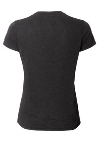 T-shirt noir à manches courtes fabriqué dans un tissu doux et respirant, avec un design ajusté et un ourlet légèrement arrondi en bas.