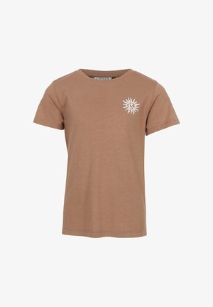 Bruine T-shirt met korte mouwen, met een klein wit zonnetje en de letters "LD" op de linkerborst, ronde hals, eenvoudig ontwerp.