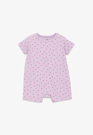 Barboteuse courte à manches courtes pour bébé violet clair avec petits pois rouges, fermeture pression aux épaules et à l’entrejambe pour faciliter l’habillage et le change.