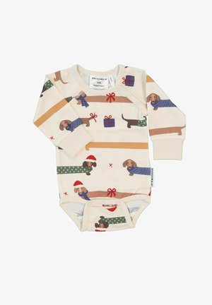 Pitkähihaisen bodyn vaaleassa värissä, jossa on printti dobermannikoirista, jotka ovat pukeutuneet neulepaitoihin ja joulutarvikkeisiin; pohjassa on nepparit helpottamaan vaihtamista.