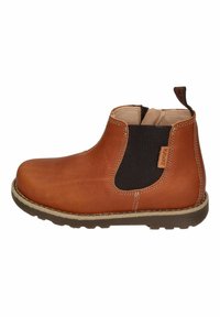 Brown leather ankle boot with elastic side panels, textured finish, and contrasting stitching. Rubber sole with a slight tread.