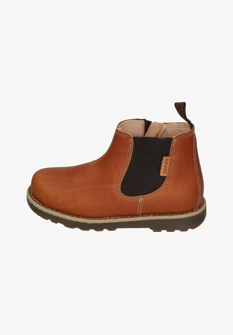 Brown leather ankle boot with elastic side panels, textured finish, and contrasting stitching. Rubber sole with a slight tread.