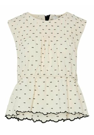 Kremfarget topp med korte ermer og svart prikkemønster, samlet midje og bølget kant. Baklukk med glidelås, lett stoff.