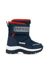 Bota de invierno azul marino con acentos rojos, material impermeable, correa de velcro ajustable, suela texturizada y detalles en gris del logo en la correa.